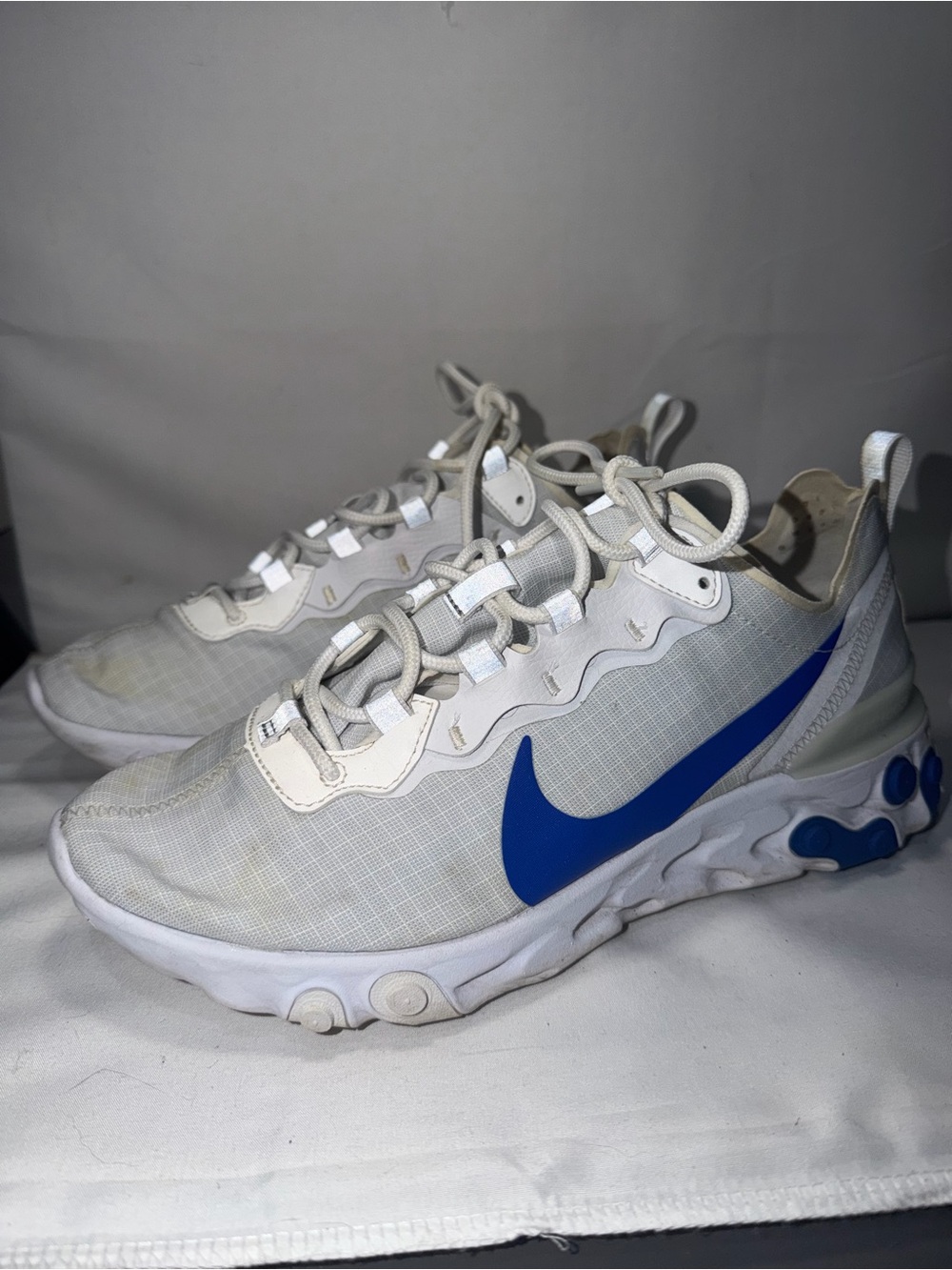 Nike React Element 55 White Sneakers with Game Royal Blue Swoosh Running Shoes